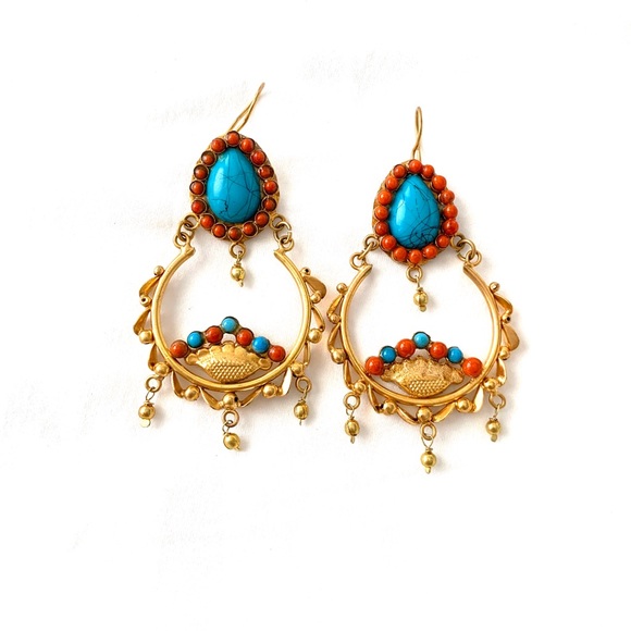 Gold turquoise Nepal earrings - Picture 1 of 1